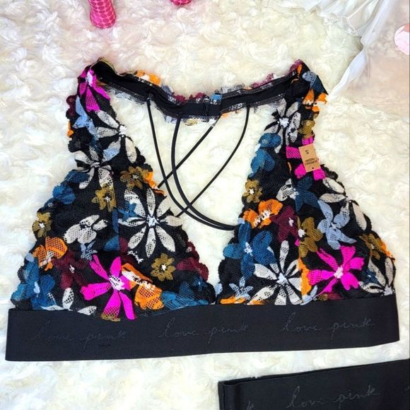 NWT 2PC PINK VICTORIA SECRET LACE HALTER BRA BOY SHORTS WILDFLOWER SET SMALL S - Picture 4 of 10